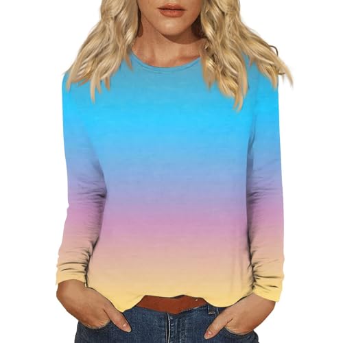 Langarmshirt Damen Rundhal Shirt Langarm Oberteile Tshirts Baumwolle Oversized Basic blusenshirt blau L 131 von Generisch