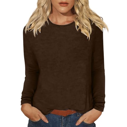 Langarmshirt Damen Rundhal Shirt Langarm Oberteile Tshirts Baumwolle Oversized Basic blusenshirt braun M 34 von Generisch