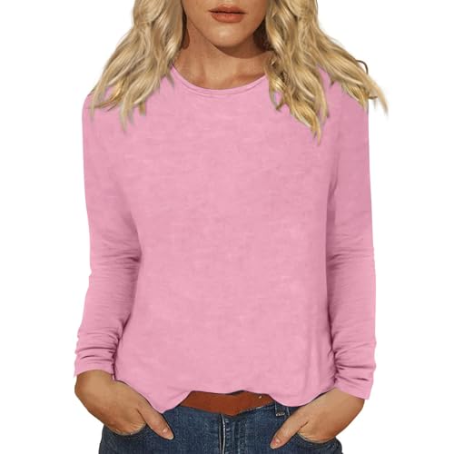 Langarmshirt Damen Rundhal Shirt Langarm Oberteile Tshirts Baumwolle Oversized Basic blusenshirt pink L 19 von Generisch