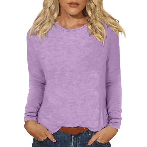 Langarmshirt Damen Rundhal Shirt Langarm Oberteile Tshirts Baumwolle Oversized Basic blusenshirt violett L 73 von Generisch