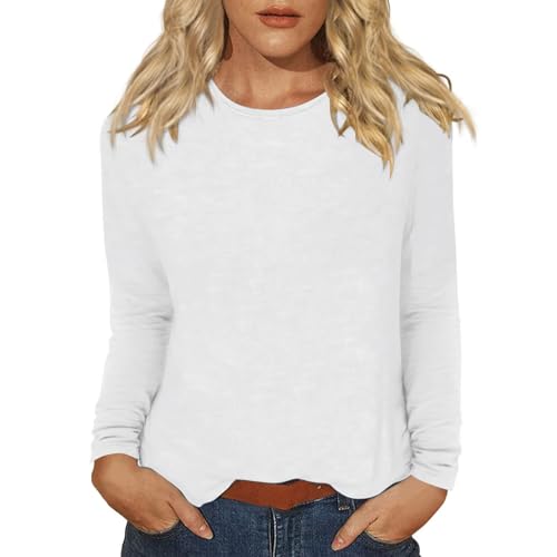Langarmshirt Damen Rundhal Shirt Langarm Oberteile Tshirts Baumwolle Oversized Basic blusenshirt weiß S 5 von Generisch