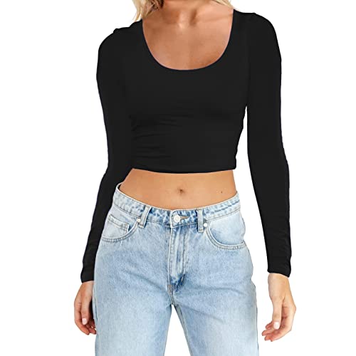 Langarmshirt Damen T-Shirt Sportshirt Langarm Crop Top Sexy Sport Oberteil Basic Slim Fit Bauchfreie Sommer Laufshirt Atmungsaktiv Sporttop Leicht Yoga Fitness Shirts Schnelle Trockene (Black, L) von Generisch