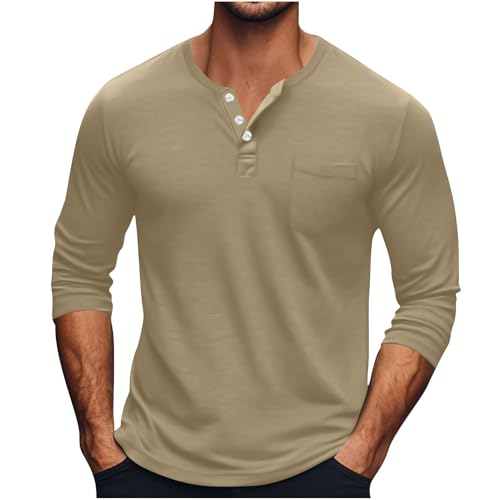 Langarmshirt Herren Henley Shirt Langarm Einfarbig Longsleeve mit Tasche Casual Basic T-Shirt für Männer Oberteil Bequem Pullover mit Knopfleiste Poloshirt Kaffee L von Generisch