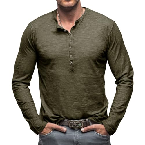 Langarmshirt Herren Longsleeve Henley Hemd Herren Langarm T Shirt Baumwolle Longshirt mit Knopfleiste Slim Fit Tops Mode Longsleeve Herbst Freizeithemd Business Herrenhemden A Army Green L von Generisch