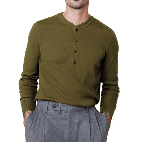 Langarmshirt Herren Longsleeve Henley Hemd Herren Langarm T Shirt Baumwolle Longshirt mit Knopfleiste Slim Fit Tops Mode Longsleeve Herbst Freizeithemd Business Herrenhemden B Army Green XXL von Generisch