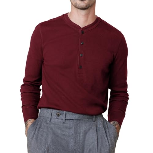 Langarmshirt Herren Longsleeve Henley Hemd Herren Langarm T Shirt Baumwolle Longshirt mit Knopfleiste Slim Fit Tops Mode Longsleeve Herbst Freizeithemd Business Herrenhemden B Wine M von Generisch