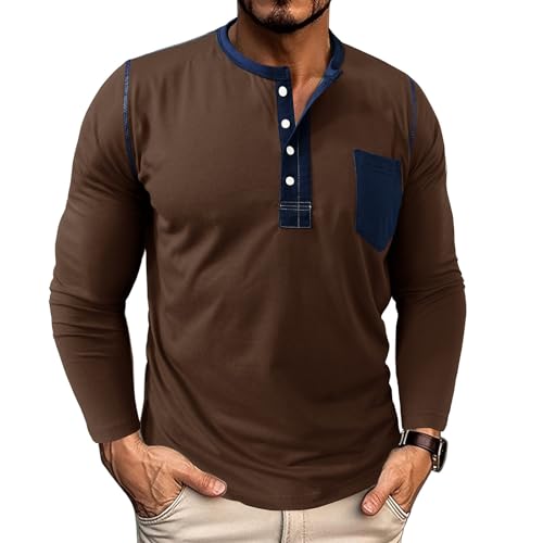 Langarmshirt Herren Sommer Longsleeve Henley Shirt Langarm Casual Regular Slim Fit Tops Für Männer Longshirt Muscle Bequem Oberteile Basic Pullover Mit Knopfleiste Vintage Freizeithemd A Coffee 3XL von Generisch