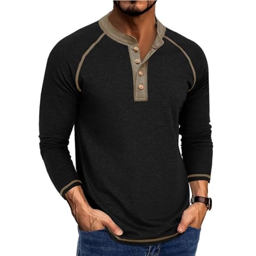 Langarmshirt Herren Sommer Longsleeve Henley Shirt Langarm Casual Regular Slim Fit Tops Für Männer Longshirt Muscle Bequem Oberteile Basic Pullover Mit Knopfleiste Vintage Freizeithemd B Black 3XL von Generisch
