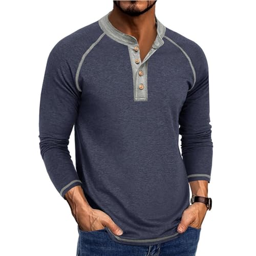 Langarmshirt Herren Sommer Longsleeve Henley Shirt Langarm Casual Regular Slim Fit Tops Für Männer Longshirt Muscle Bequem Oberteile Basic Pullover Mit Knopfleiste Vintage Freizeithemd B Dark Blue XL von Generisch