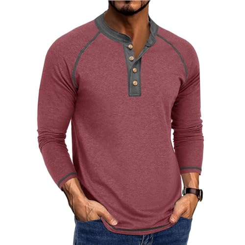 Langarmshirt Herren Sommer Longsleeve Henley Shirt Langarm Casual Regular Slim Fit Tops Für Männer Longshirt Muscle Bequem Oberteile Basic Pullover Mit Knopfleiste Vintage Freizeithemd B Red XL von Generisch
