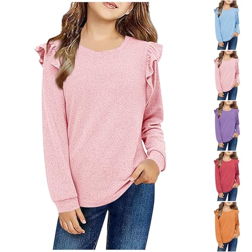 Langarmshirt Mädchen mit Rüschenärmel Herbst Elegant Rundhalsausschnitt T-Shirts Einfarbig Freizeit Bluse Kinder Locker Aesthetic Shirt Mode Oberteile Top Langarm Pullover 4-9 Jahre von Generisch