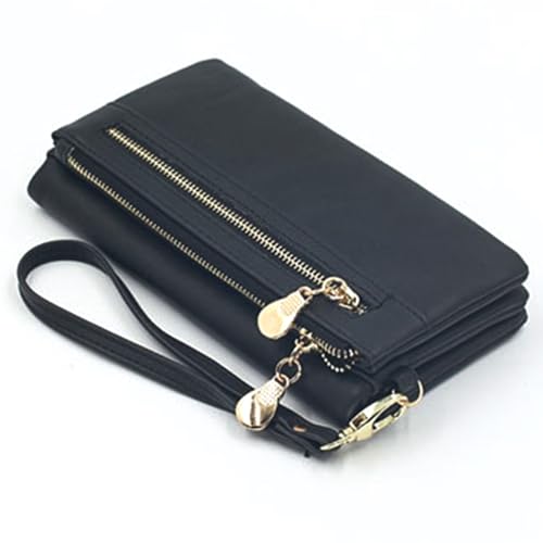 Lange Damen-Geldbörse, weiches Leder, Doppelreißverschluss, Clutch-Geldbörse, mehrere Kartenfächer, Geldbörsen für Damen, Schwarz von Generisch