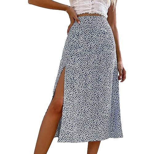 Lange Freizeitrock Mit Blumenmuster Bequem High Waist Sexy Röcke Wickelrock Lang Strand Frühling Und Sommer Damen Lässige Elegante Midi Taillen Paket Hüft A Linien Halbkörperrock (Blue, XL) von Generisch