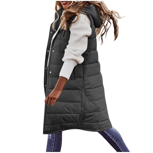 Generisch Lange Jacke Weste für Damen Ärmellose Kapuzenweste Steppweste Damen Lang Winteroberbekleidung Weste Lang Reißverschluss Mantel Outdoor Winterjacke Mit Tasche Daunenjacke von Generisch