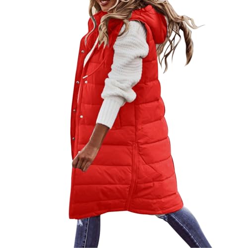Generisch Lange Jacke Weste für Damen Ärmellose Kapuzenweste Steppweste Damen Lang Winteroberbekleidung Weste Lang Reißverschluss Mantel Outdoor Winterjacke Mit Tasche Daunenjacke von Generisch