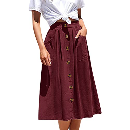 Lange Röcke Damen Elegant - Rock Damen Midi A-Linie Mit Knöpfen Maxirock Swing Baumwollrock Mit Taschen Knielang Skater Rock Hohe Taille Midi Rock Weicher Und Bequemer Rock Freizeitrock Wickelrock von Generisch