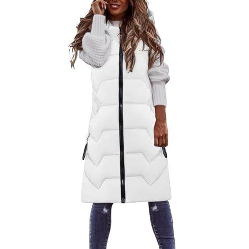 Lange Steppweste Damen Mit Kapuze, Weste Damen Outdoor Warm Daunenmantel Baumwolle Thermoweste Boho Steppmantel Elegant Longweste Dicke Thermo-Weste Lässig Wanderweste Mit Taschen Wintermantel von Generisch