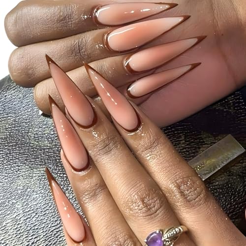 Lange Stiletto-Nägel zum Aufdrücken, minimalistisch, blühend, Nagelkunst, Dekoration, französische Manciure, für Frauen und Mädchen, 24 Stück von Generisch