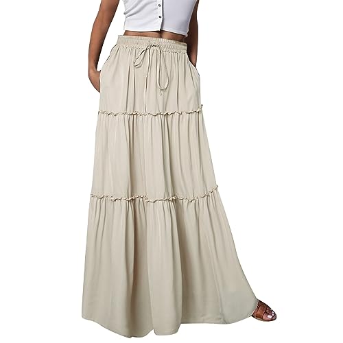 Langer Damen Maxirock Mit Boho Blumen Muster Hoher Elastischer Taille Freizeitrock Taschen Gürtel Bunt Faltenrock Leicht Casual Atmungsaktiv Strandrock Lässiger Rock Mode Bedruck Röcke (b-Beige, S) von Generisch