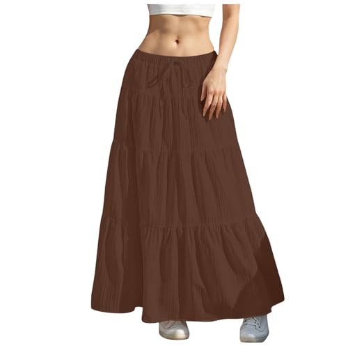 Langer Sommerrock Damen Maxi Skirt Lang Pliseerock Elastische Hohe Taille Maxirock Langer Weißer Rock A-Line Boho Wickelrock Stufenrock Chiffon Hohe Taille Elegant Röcke Pleated Skirt(Coffee, M) von Generisch