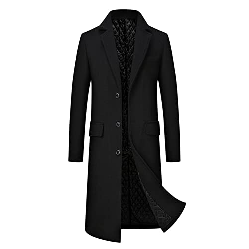 Langer Trenchcoat aus Wollmischung für Herren Klassische Einreihige Businessjacke Winter Gekerbt Revers Top Pea Coats Mantel (M,Schwarz) von Generisch