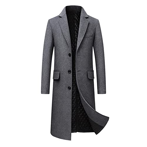 Langer Trenchcoat aus Wollmischung für Herren Klassische Einreihige Businessjacke Winter Gekerbt Revers Top Pea Coats Mantel (XL,Grau) von Generisch