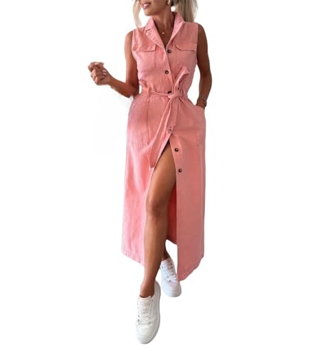 Langes, ärmelloses Jeanskleid mit Schnürung für Damen (2025), ärmelloses Jeanshemdkleid mit Revers und Knopfleiste, langes Jeanskleid mit Gürtel (Rosa,L) von Generisch