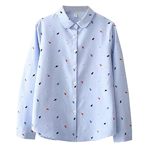 Langes Hemd Koreanische Bluse Ärmel Blatt Lose Frauen Casual Print Mode Damenbluse T Shirt (Blue, L) von Generisch