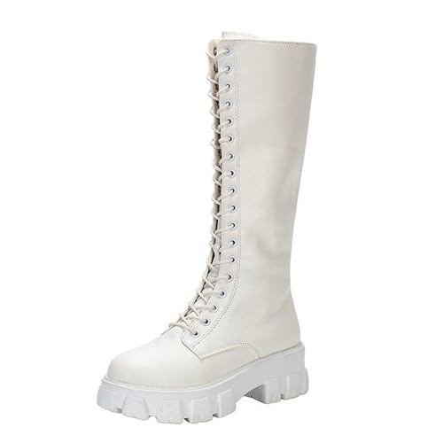 Langschaft Stiefel Damen Lederstiefel Herbst Runde Zehen Dicker Sohle Schnürstiefel Einfarbig Rutschfeste Große Größen Overkniestiefel Outdoor Elegant Casual Damenstiefel Mit Schnürsenkel,34-42 Eu von Generisch