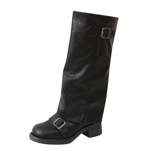 Langschaft Stiefel Damen Sheep Lederstiefel Elegante Halbhoch Stiefel mit Gürtelschnalle und Absatz Fransen Gummi Knielang Stiefeletten Aushöhlen Damenstiefel rutschfest Ritterstiefel Schlupfstiefel von Generisch