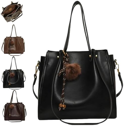 Large Capacity Slouchy Work Tote Bag with Zipper, Retro Women's PU Leather Tote, Modern Simple Fashion Work Cross Bag with Zipper (Black-2) von Generisch