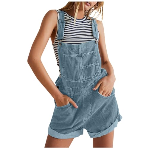 Latzhose Damen Sommer Jeans Kurz Jeanslatzhose Schnallenriemen Verstellbare Riemen Cargo Shorts Trägerhose Denim mit Taschen Hellblau L von Generisch