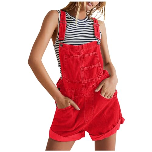 Latzhose Damen Sommer Jeans Kurz Jeanslatzhose Schnallenriemen Verstellbare Riemen Cargo Shorts Trägerhose Denim mit Taschen Rot XL von Generisch