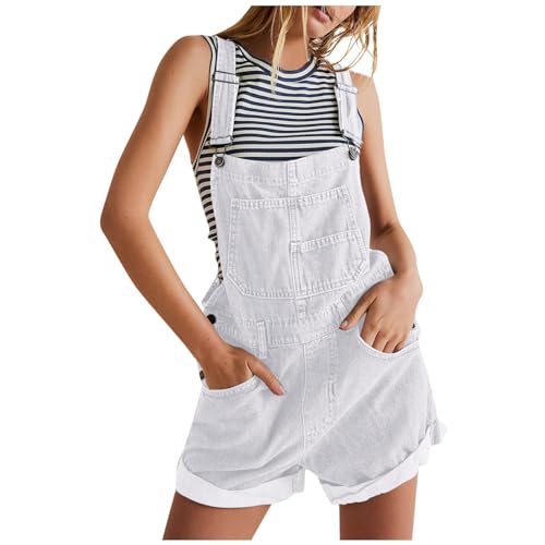 Latzhose Damen Sommer Jeans Kurz Jeanslatzhose Schnallenriemen Verstellbare Riemen Cargo Shorts Trägerhose Denim mit Taschen Weiß L von Generisch