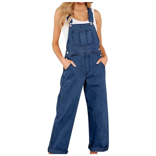 Generisch Latzhose Damen Weite Bein Jumpsuit Jeans-Latzhose Blau Jeans Damen Overall Loose Fit Baggy Playsuits Sommer Boho Strampler Ärmellos Riemchen Overalls Casual Adjustable Bib Pants von Generisch