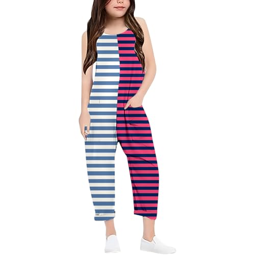 Latzhose Kinder Mädchen 140 Gestreiftes Overall Sommer Jumpsuit Lang Weites Bein Trägerhose Lässige Strampler Ärmellos Romper V-Ausschnitt Sommeroveralls Color Block Playsuit Mit Taschen von Generisch