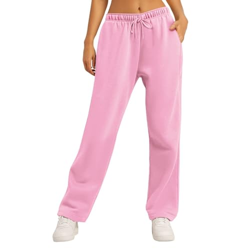 Generisch Latzhose Weitem Bein Sporthose Lässige Baggy Gerade Hoseweich Stoffhose Einfarbig Freizeithose Baumwolle Wärme Sporthose Elastischer Bund Traininghose Pink S von Generisch