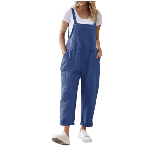 Latzhose für Damen, Baumwolle, Leinen, langer Spielanzug, Knopf, verstellbarer Riemen, Overall mit Taschen, Cargo-Lätzchen, Overall, locker, ärmellos, Strandurlaub, Outdoor, Sommer, Freizeithose, 1 x von Generisch