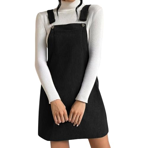 Latzkleid Damen Kurz | Cordkleid Damen Latzkleid Mit Knopfleiste Trägerkleid Mit Taschen Kordkleid Große Größen Hosenträger Latzrock A-Linie Kleid Vintage Freizeitkleid Warme Winterkleid Minikleid von Generisch