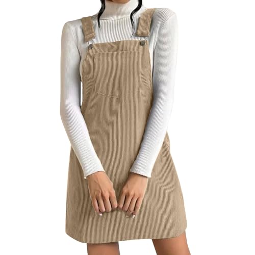 Latzkleid Damen Kurz | Cordkleid Damen Latzkleid Mit Knopfleiste Trägerkleid Mit Taschen Kordkleid Große Größen Hosenträger Latzrock A-Linie Kleid Vintage Freizeitkleid Warme Winterkleid Minikleid von Generisch