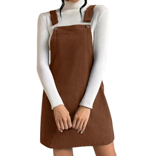 Latzkleid Damen Kurz | Cordkleid Damen Latzkleid Mit Knopfleiste Trägerkleid Mit Taschen Kordkleid Große Größen Hosenträger Latzrock A-Linie Kleid Vintage Freizeitkleid Warme Winterkleid Minikleid von Generisch