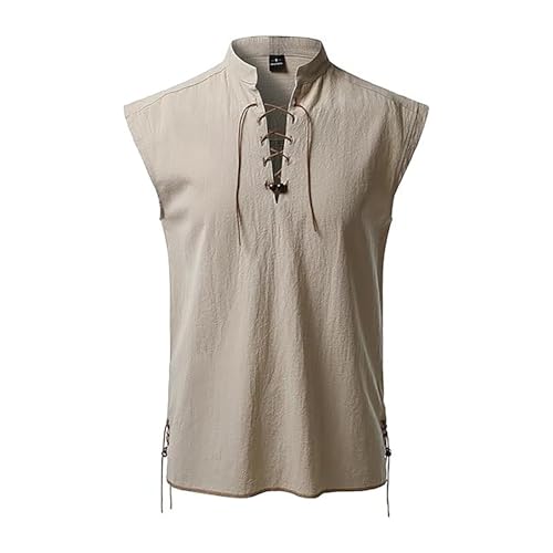 Layer Tank Top Herren 2025 Herren Hemd Ärmellos Hippie Strandhemd Stehkragen Leichtes Leinengemisch Freizeithemd Für Den Sommer Outdoor Und Boho Style Helle Tops (Beige, M) von Generisch