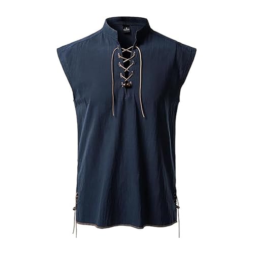 Layer Tank Top Herren 2025 Herren Hemd Ärmellos Hippie Strandhemd Stehkragen Leichtes Leinengemisch Freizeithemd Für Den Sommer Outdoor Und Boho Style Helle Tops (Navy, XXL) von Generisch