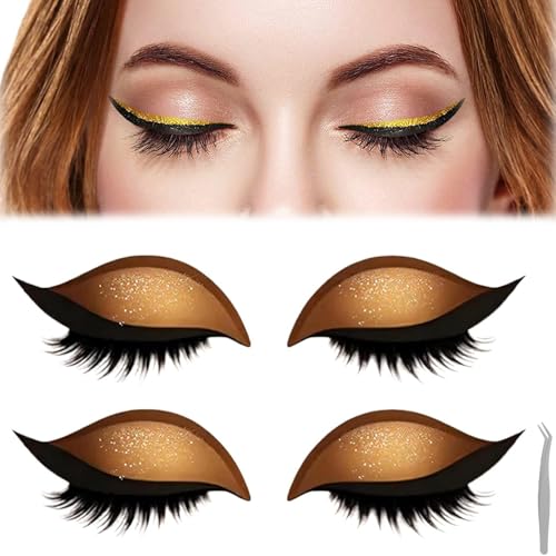 Lazy Eye Shadow Eyelash Patch, 2-in-1 wiederverwendbare Augen-Make-up-Aufkleber, 2 Paar bunte Lidschatten- und Wimpernaufkleber, natürliche künstliche Wimpern für Damen-Make-up (Gold) von Generisch