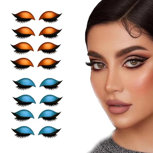 Lazy Eye Shadow Eyelash Patch, Eyeshadow Eyelashes Makeup Stickers, 3-in-1 Self-Adhesive Reusable Fast Eye Makeup Stickers with False Lashes, Shadow, Eyeliner, for Party, Prom (Orange+Blue) von Generisch