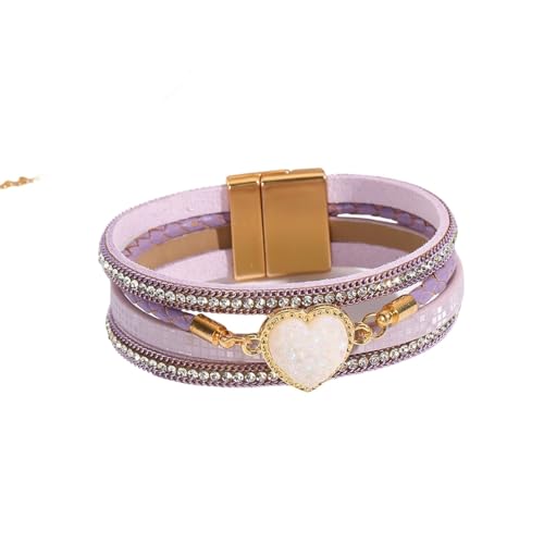 Leder Armband Herr,Handgewebtes Mehrschichtiges Modisches Böhmisches Lederarmband Mit Herzförmigen Kristallperlen Und Magnetischer Schnalle, Energieschmuck Für Frauen, Grau von Generisch
