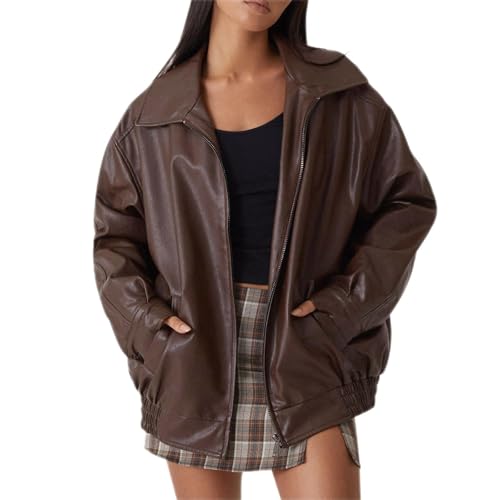 Leder Mantel Damen Schwarz Lang Braun Oversize Bomberjacke Bikerjacke Lederjacken Motorrad Kunstleder Jacke Braune Motorrad Jacke Streetwear Leather von Generisch