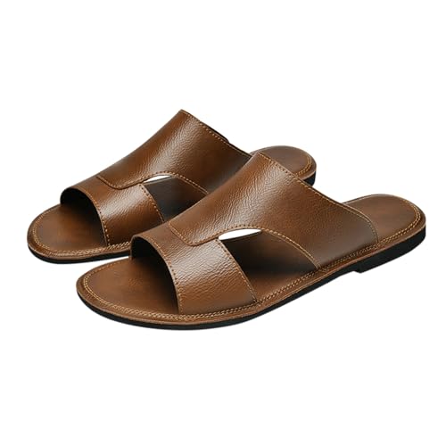 Leder Pantoletten Herren Sommer Flach Hausschuhe Open Toe Atmungsaktive Sandalen Slip-On Slippers mit Obermaterial aus Leder Leichte Freizeitschuhe Breite Füße Schlappen Outdoor Freizeit Pantolette von Generisch