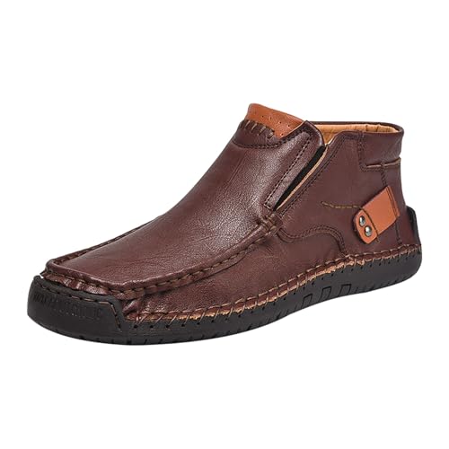 Leder Schuhe Herren Handgenäht Mokassins Weich Barfußschuhe High Top Walkingschuhe mit Reißverschluss Herren Segelstiefel rutschfest Wanderschuhe Modische Freizeitschuhe Leichte Fahrschuhe von Generisch