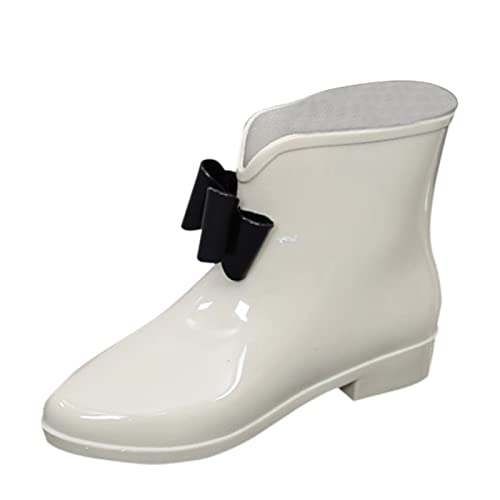 Leder-Slip-On-Stiefel für Damen, Regenschuhe, niedlicher Schleifenknoten, niedriger Schlauch, Wasserschuhe, Überschuhe, Gummischuhe, Regenstiefel für Damen, beige, 38 EU von Generisch